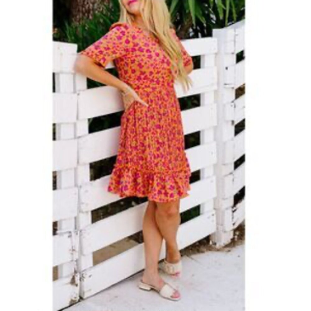 EUC Ivy City Co Bright Orange Pink Floral Pleated Dress Knee Length Women's 8 - Picture 2 of 14